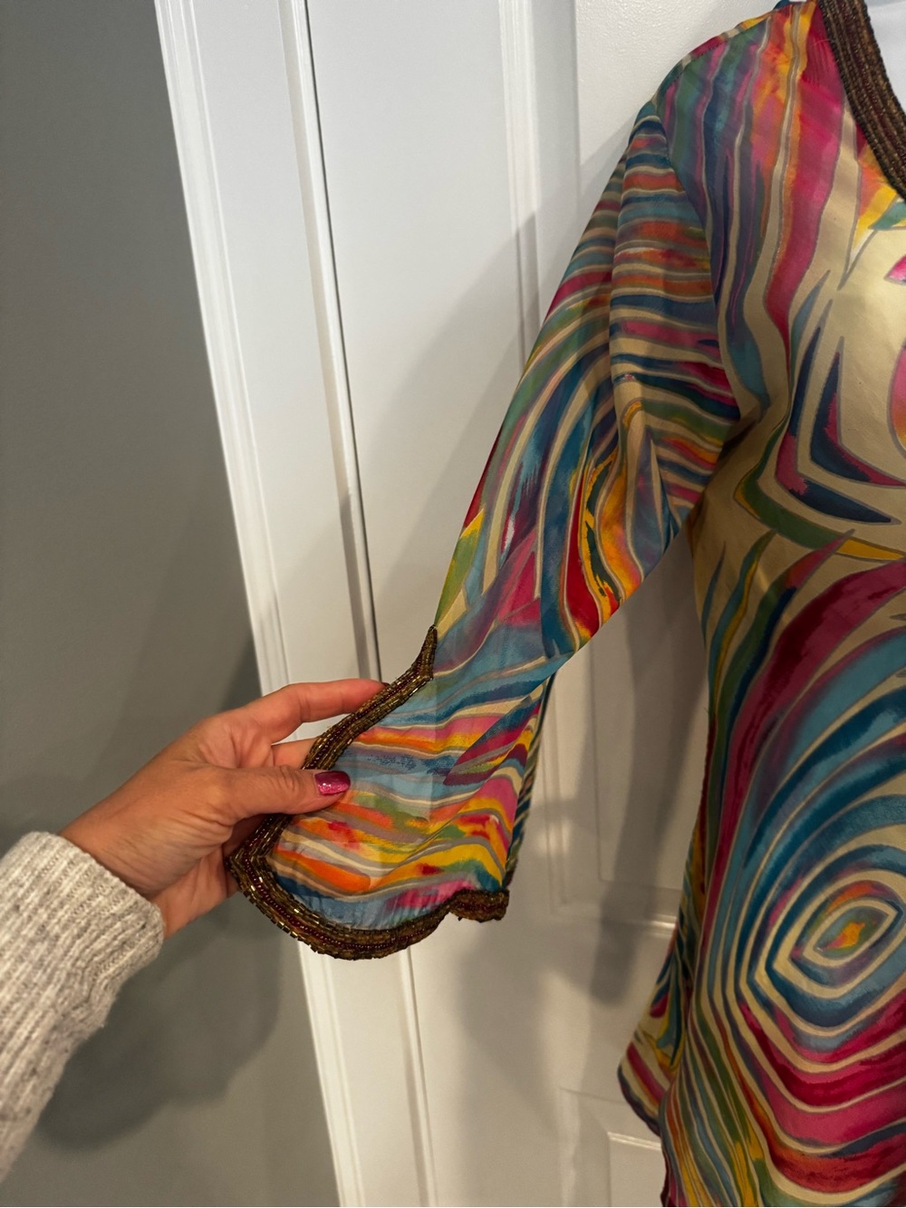 Embellished Multicolor V-Neck Swirl Print cover up  Tunic - Yellow Base - Picture 4 of 7